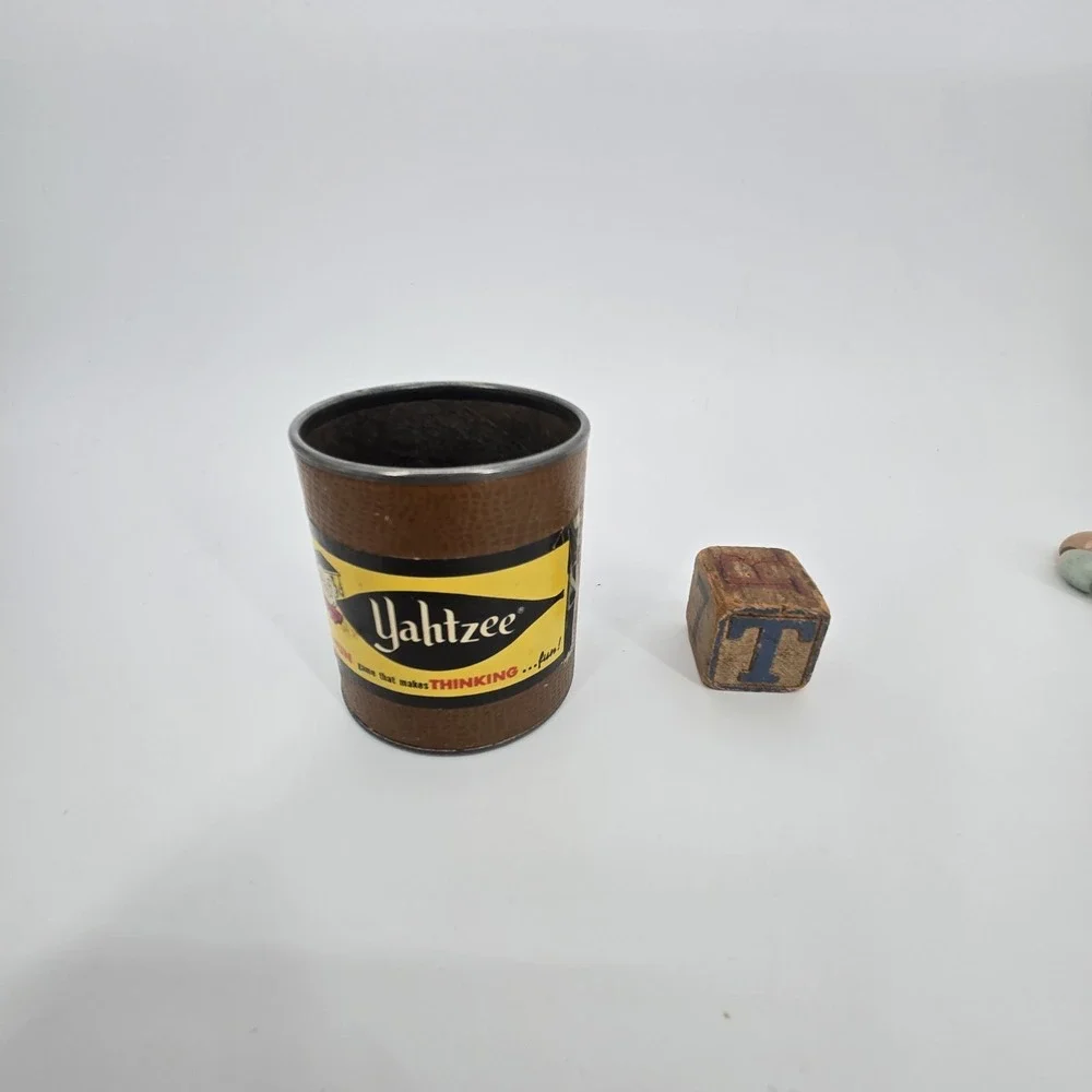 Vintage Wooden Toy & Game Lot Yahtzee Spill & Spell Kaleidoscope Clappers Rattle